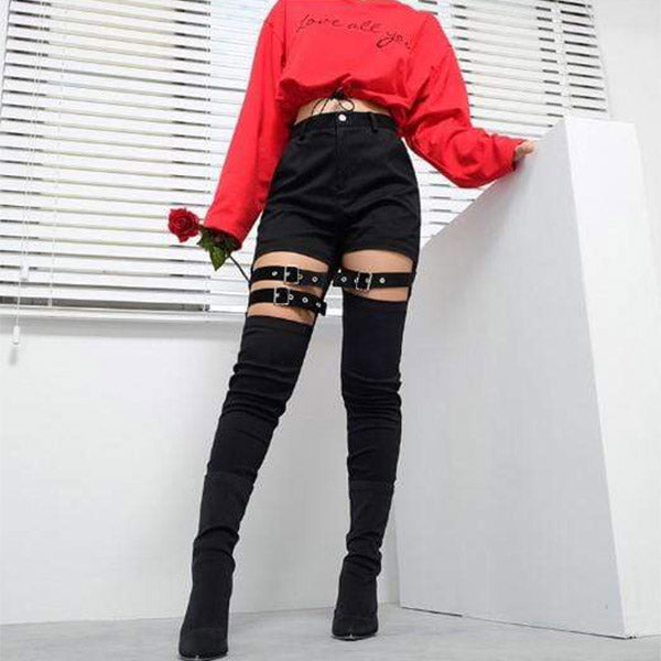 Hollow Out Buckle Strap Pants